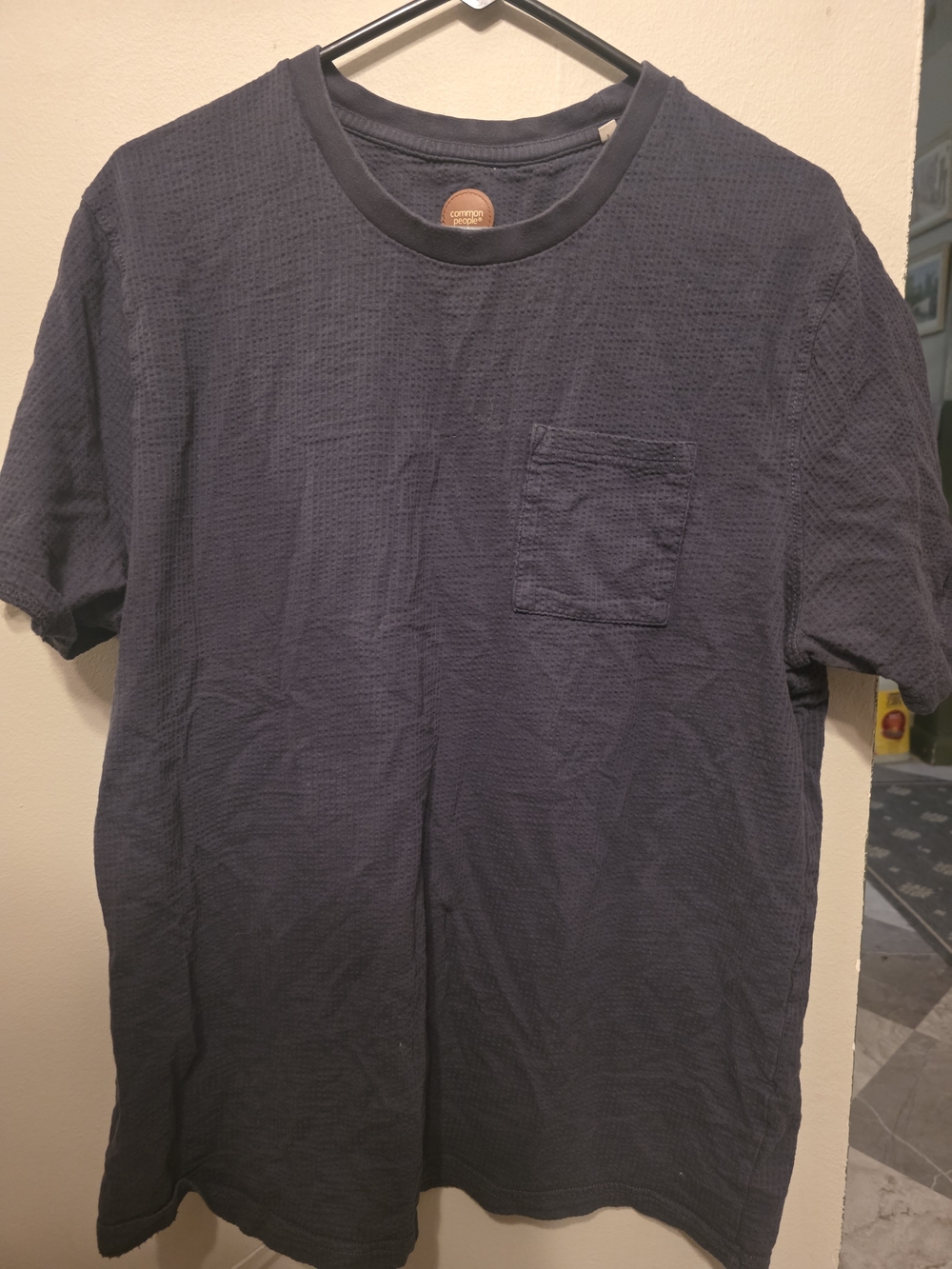 Common People Navy Blue Textured Waffle Knit Pocket T-Shirt Men's Large